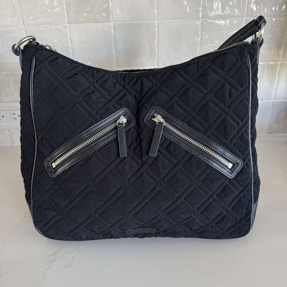 Vera Bradley Quilted Microfiber Hobo Bag Women Large Black Shoulder Purse